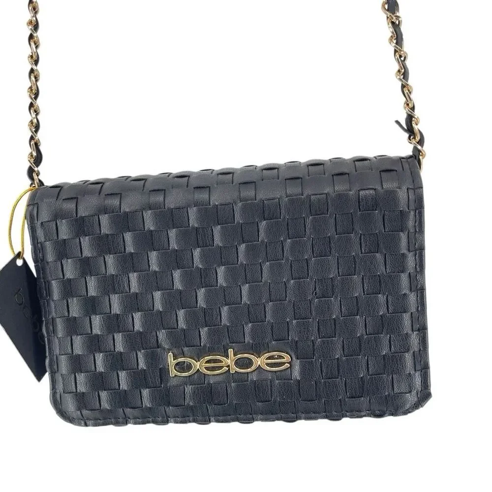 Bebe Yara Woven Vegan Leather Crossbody Bag Black Gold Chain NWT